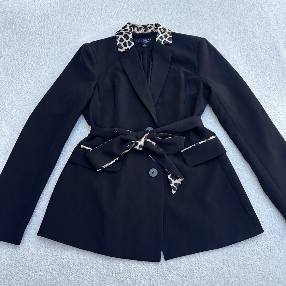 Laundry Shelli Segal Black Leopard Print Collar Belted Blazer Jacket 2